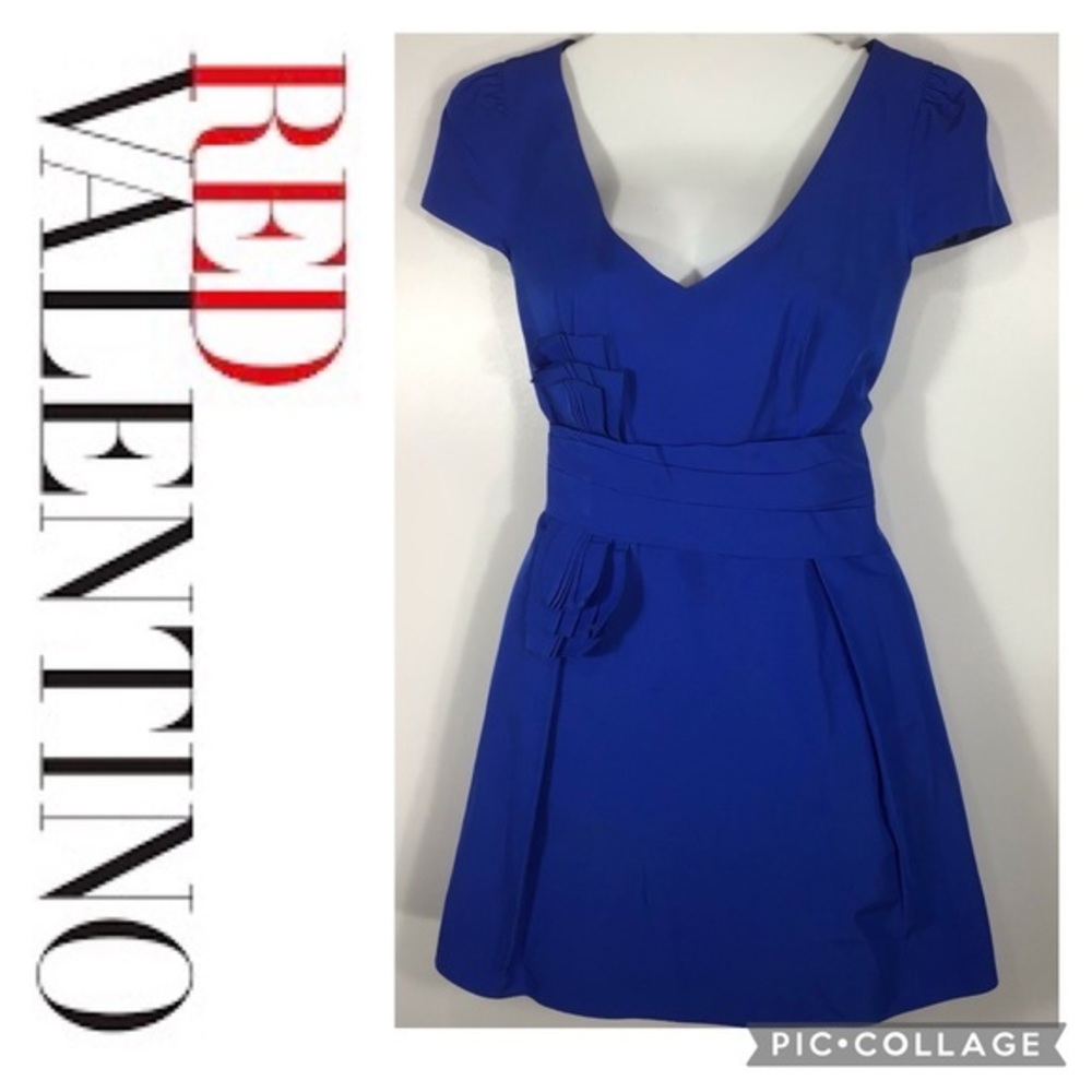 Red Valentino | Taffeta Blue Pleated Bow Mini Dress